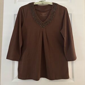 Talbots Chocolate Embellished V-Neck Blouse